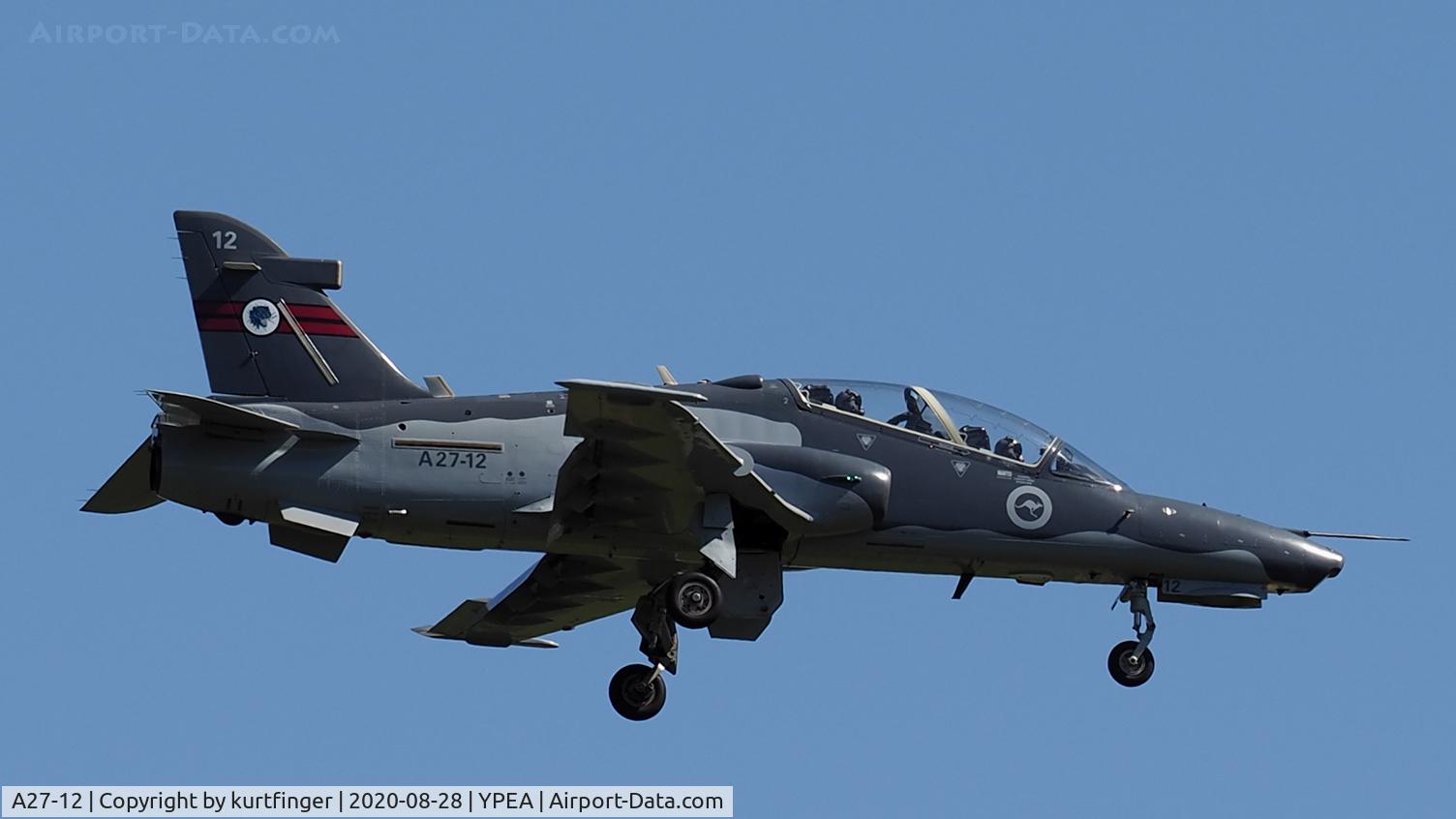 A27-12, British Aerospace Hawk 127 C/N DT12, BAE Hawk 127 msn DT12. RAAF A27-12 76 Sqn tail markings starboard side, 79 Sqn marking port side. RAAF AB Pearce 28 August 2020