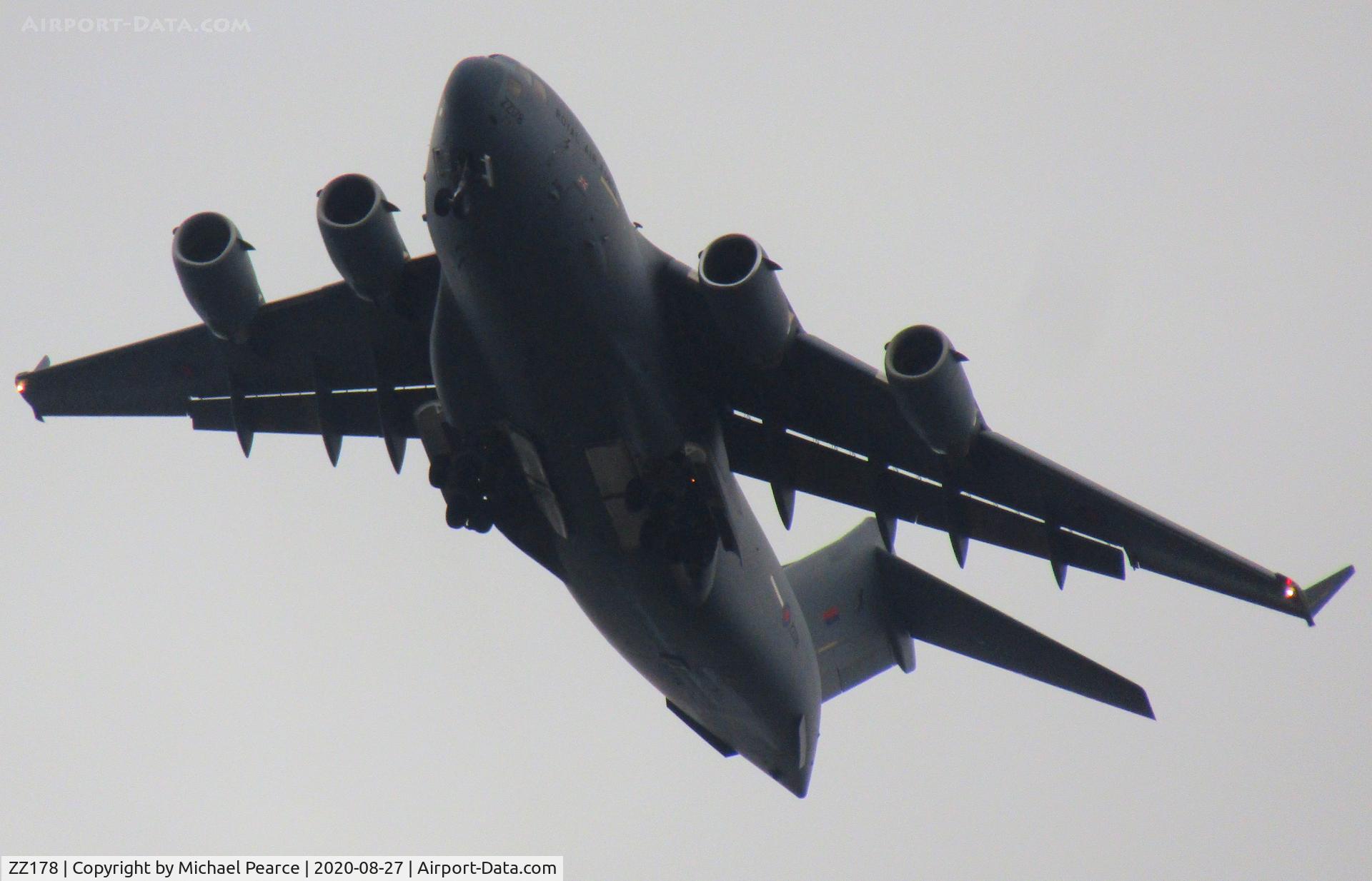 ZZ178, 2012 Boeing C-17A Globemaster III C/N F-245, Banking over Norwich on VFR training.