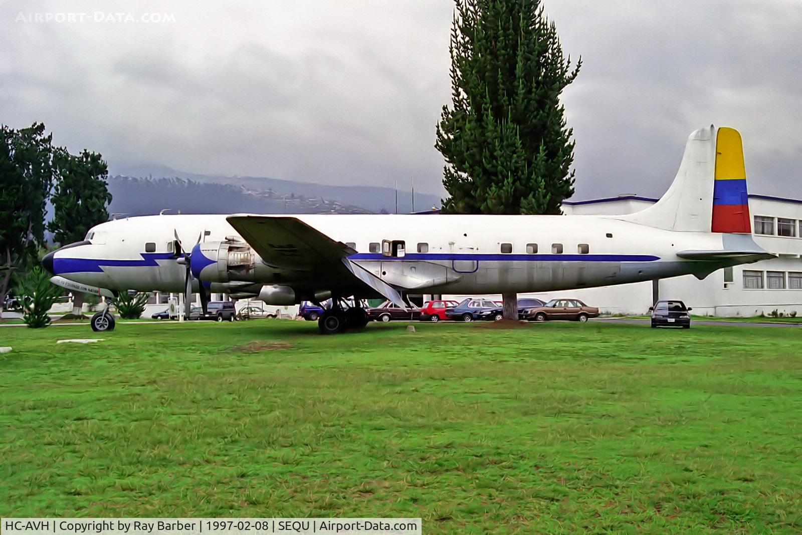 HC-AVH, 1953 Douglas DC-6B C/N 44691, HC-AVH   (FAE-44691) Douglas DC-6B [44691] (Ex Ecuadorian Air Force / Museo Aeronautico de la FAE) Quito-(Old) Mariscal Sucre Int'l~HC 08/02/1997. Seen here unmarked.