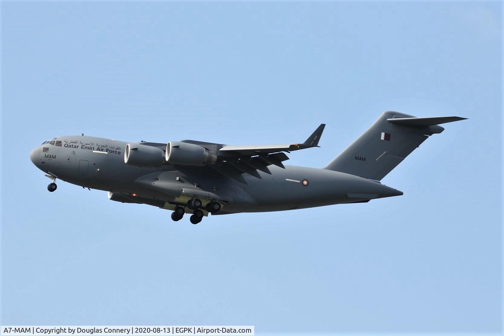 A7-MAM, 2015 Boeing C-17A Globemaster III C/N F-274, On finals for runway 12 at Prestwick C/S LHOB246