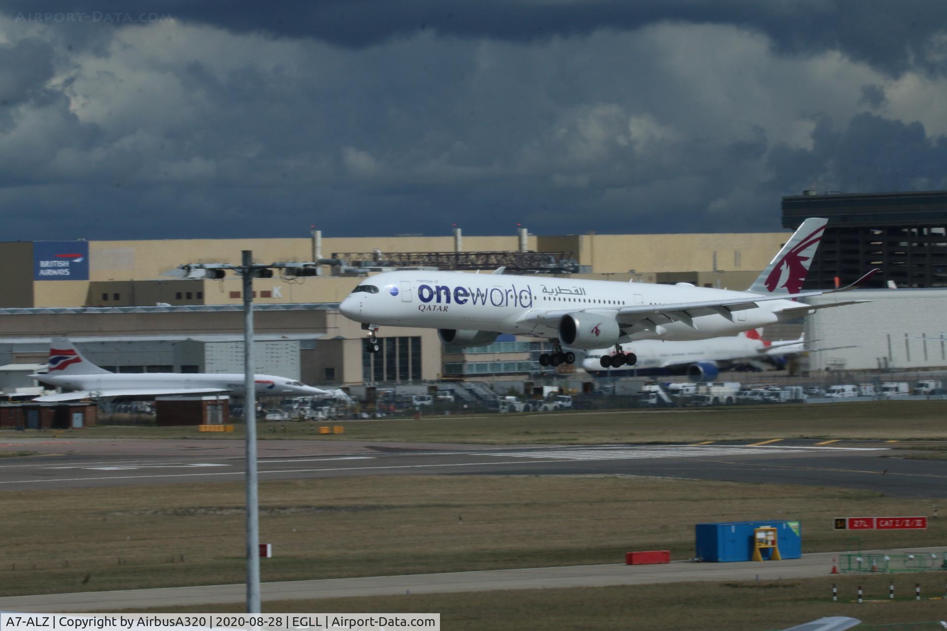 A7-ALZ, 2018 Airbus A350-941 C/N 143, Arriving at LHR with Concorde as a back drop