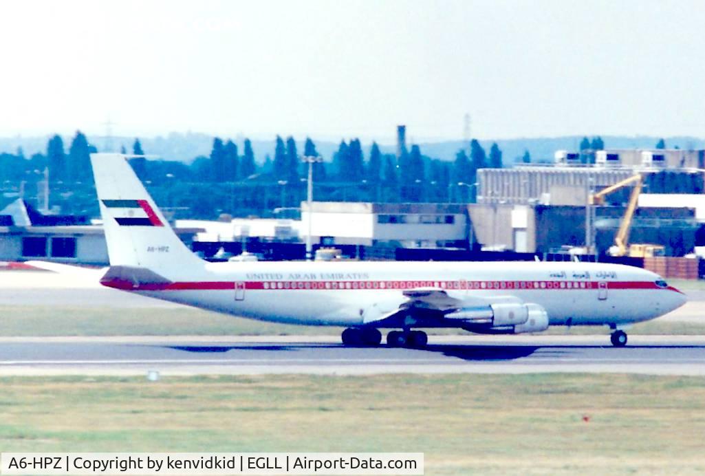 A6-HPZ, 1974 Boeing 707-3L6B C/N 21049, At London Heathrow, early 1990's.