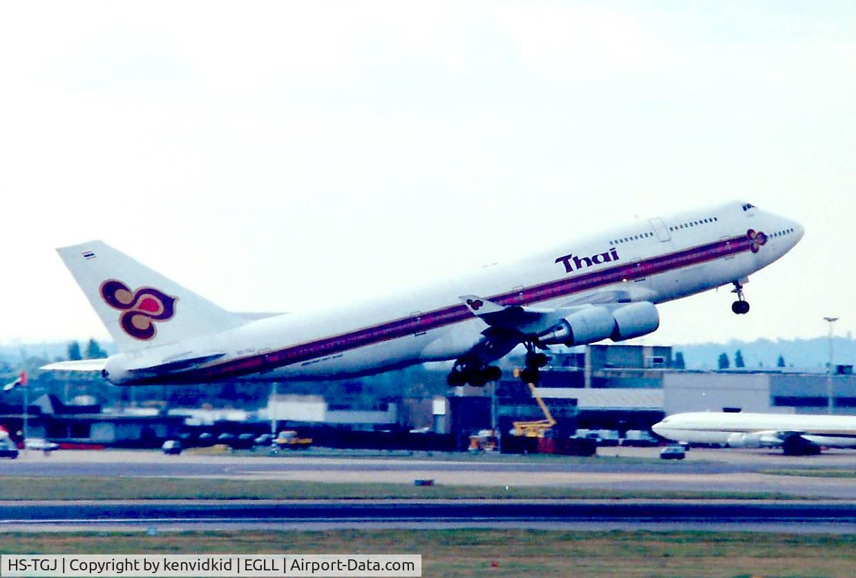 HS-TGJ, 1990 Boeing 747-4D7 C/N 24459, At London Heathrow, early 1990's.