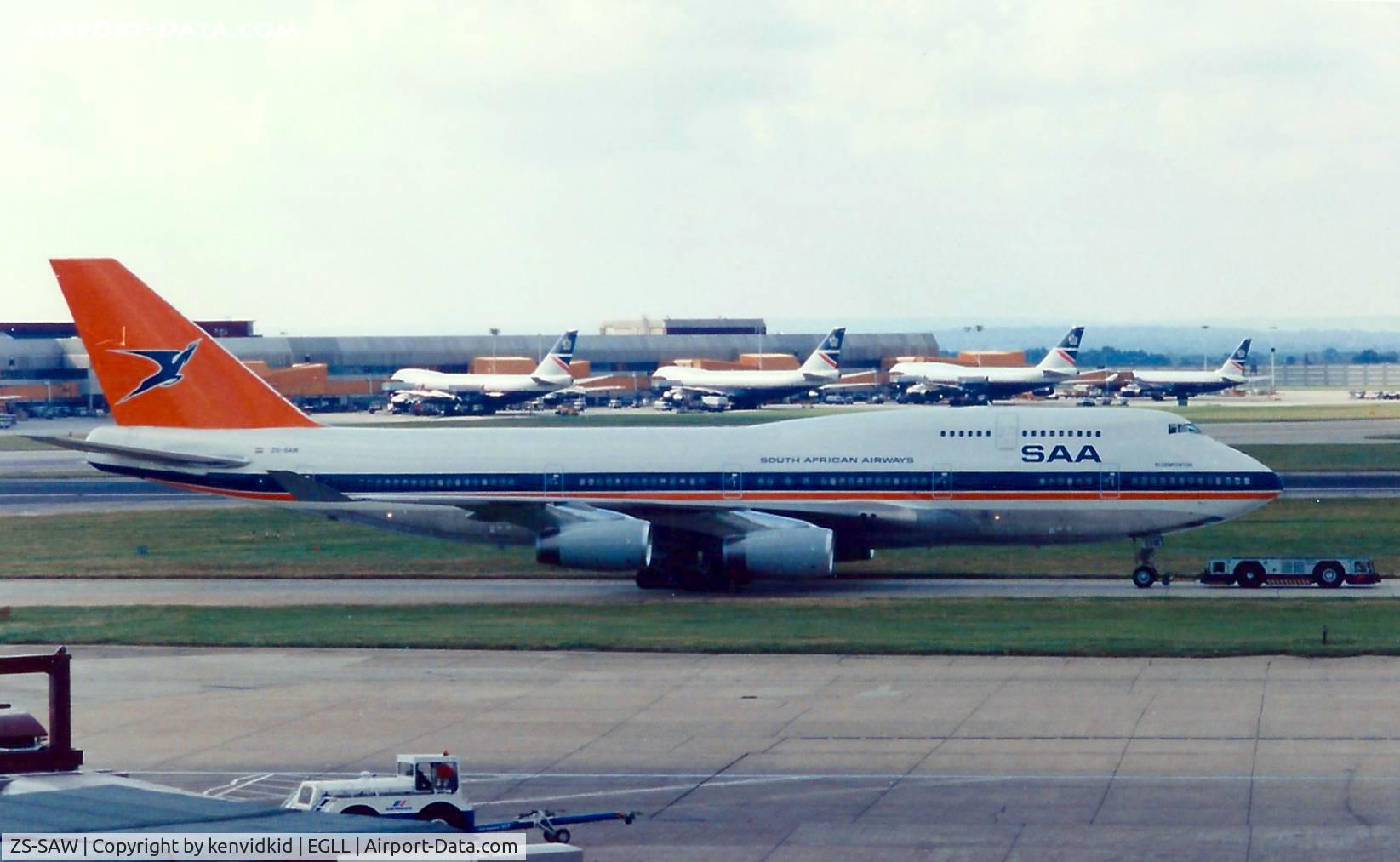 ZS-SAW, 1991 Boeing 747-444/BCF C/N 25152, At London Heathrow, early 1990's.
