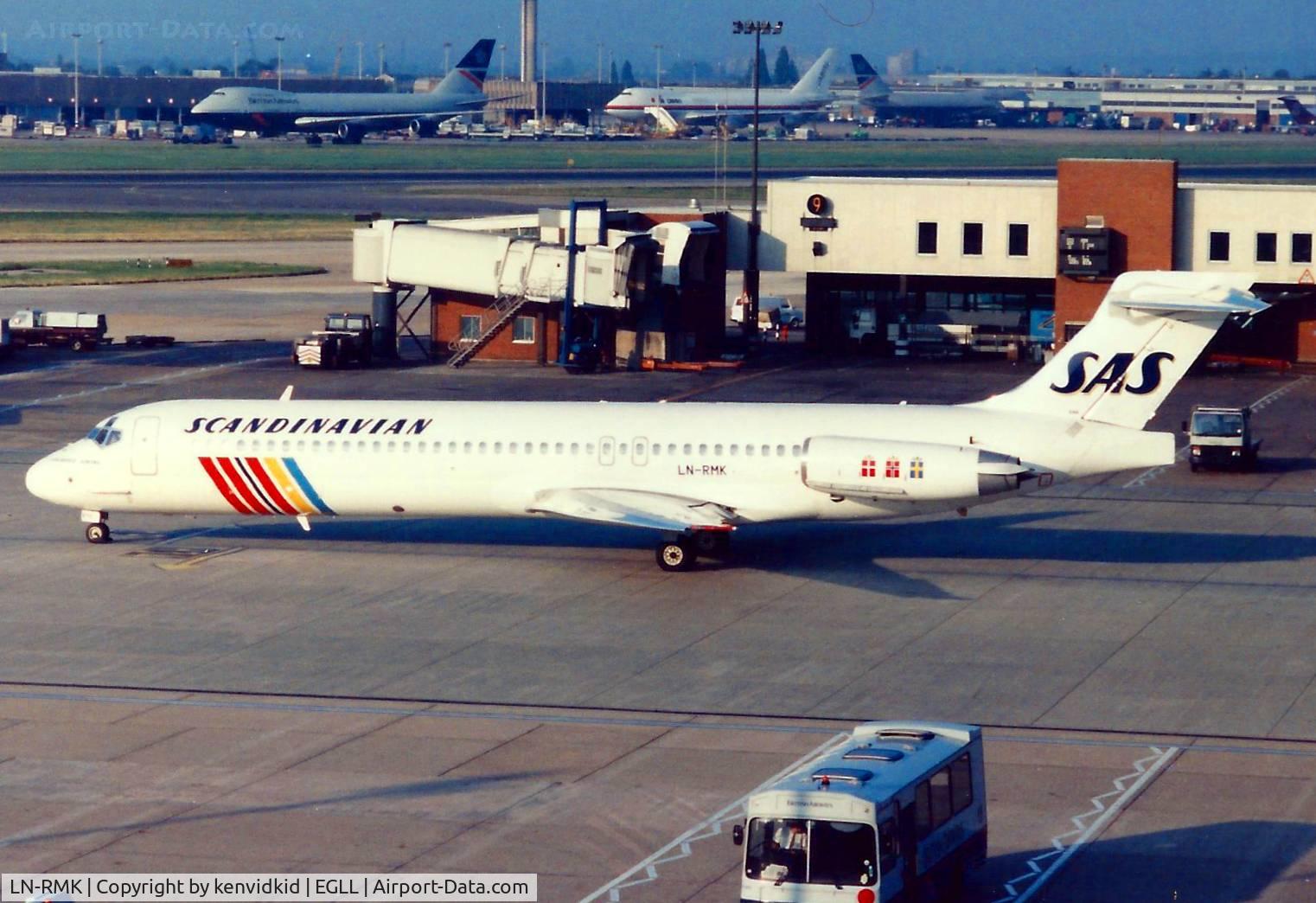 LN-RMK, 1990 McDonnell Douglas MD-87 (DC-9-87) C/N 49610, At London Heathrow, early 1990's.
