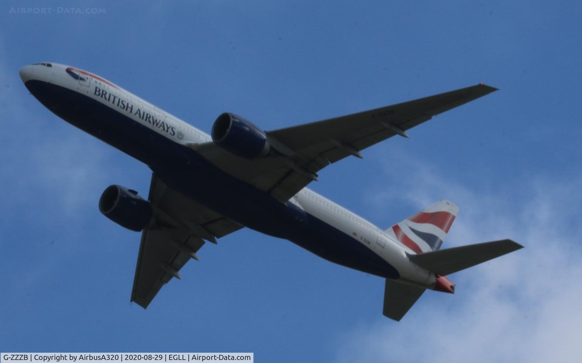 G-ZZZB, 1995 Boeing 777-236 C/N 27106, Departing LHR for the last time off to retirement at St Athan