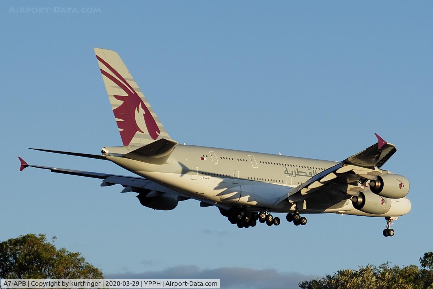 A7-APB, 2013 Airbus A380-861 C/N 143, Airbus A380-800 msn 143. Qatar A7-APB final rwy 21 YPPH 29th March 2020