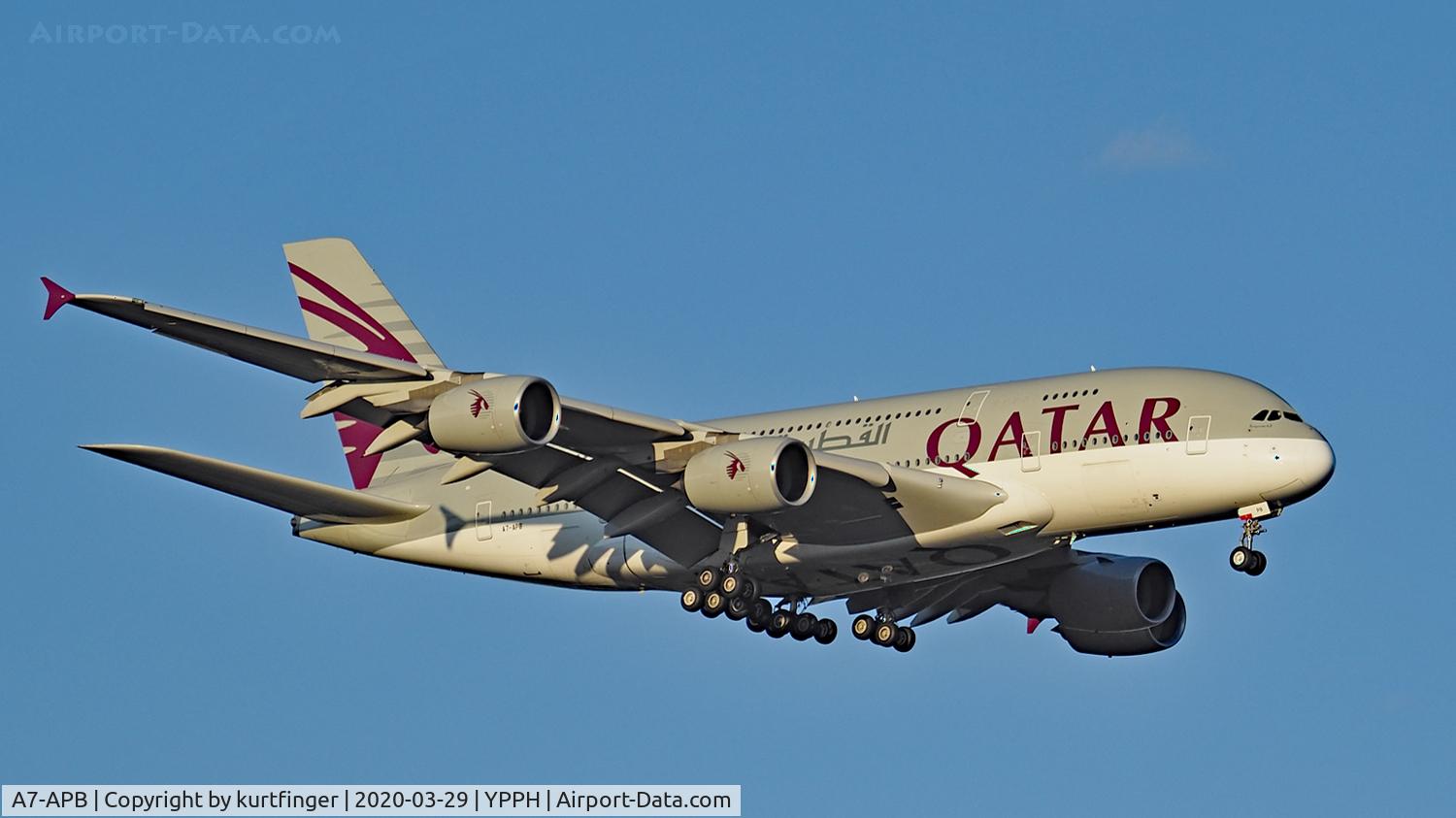 A7-APB, 2013 Airbus A380-861 C/N 143, Airbus A380-800 msn 143. Qatar A7-APB final rwy 21 YPPH 29th March 2020