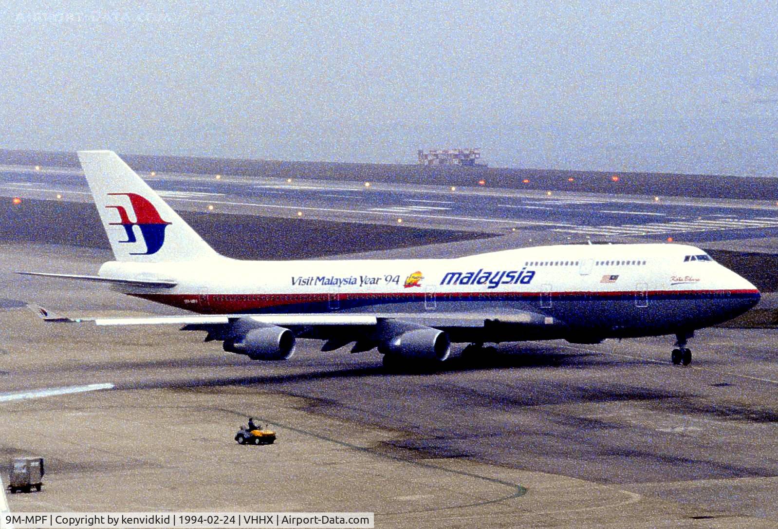 9M-MPF, 1994 Boeing 747-4H6 C/N 27043, At Hong Kong Airport (Kai Tak) on a George Pick Aviation Tour.