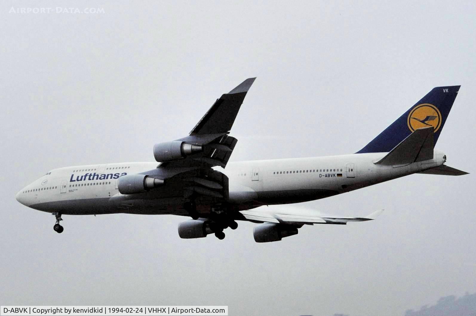 D-ABVK, 1991 Boeing 747-430 C/N 25046, At Hong Kong Airport (Kai Tak) on a George Pick Aviation Tour.