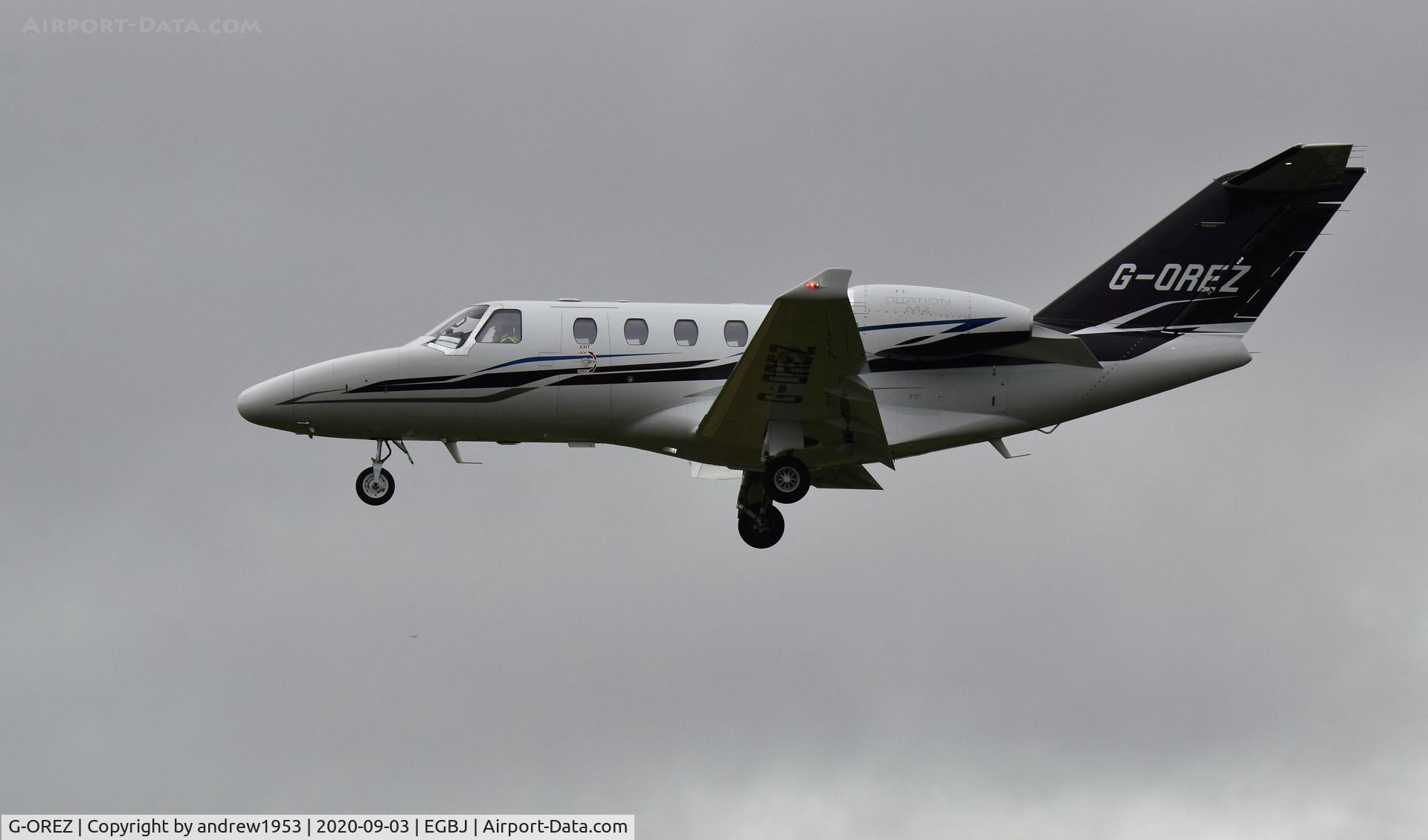 G-OREZ, 2016 Cessna 525 Citation M2 C/N 525-0928, G-OREZ landing at Gloucestershire Airport.