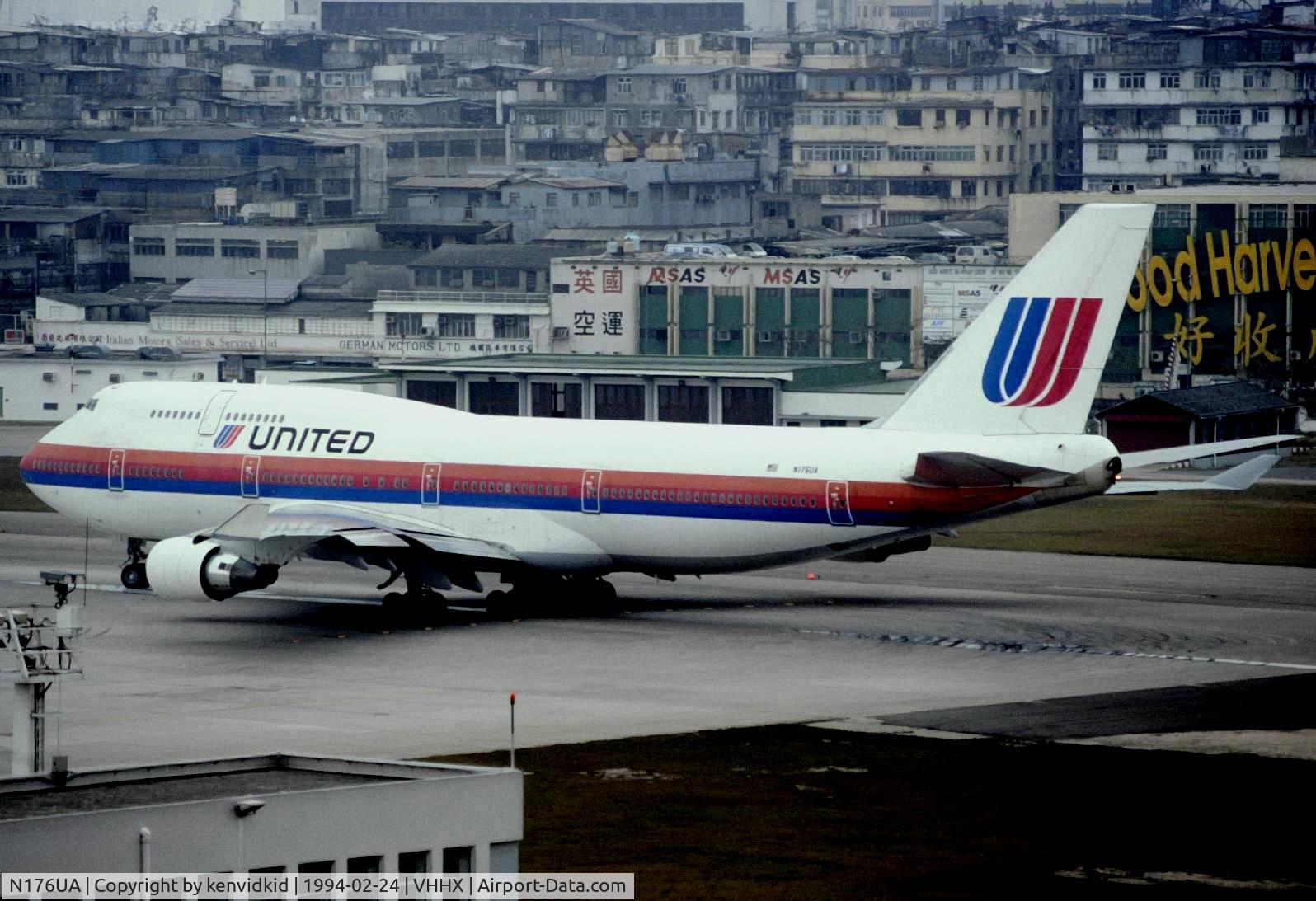 N176UA, 1990 Boeing 747-422 C/N 24383, At Hong Kong Airport (Kai Tak) on a George Pick Aviation Tour.
