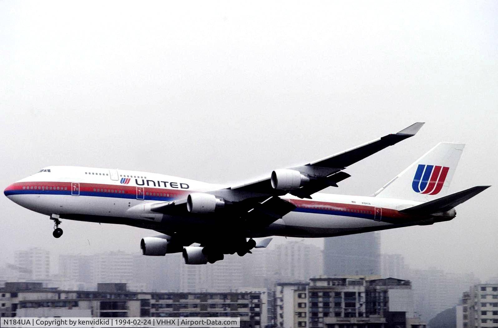 N184UA, 1992 Boeing 747-422 C/N 25380, At Hong Kong Airport (Kai Tak) on a George Pick Aviation Tour.