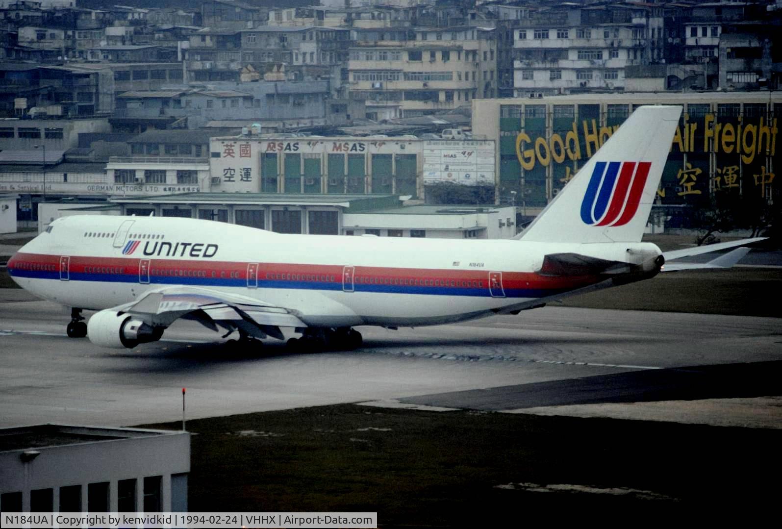 N184UA, 1992 Boeing 747-422 C/N 25380, At Hong Kong Airport (Kai Tak) on a George Pick Aviation Tour.
