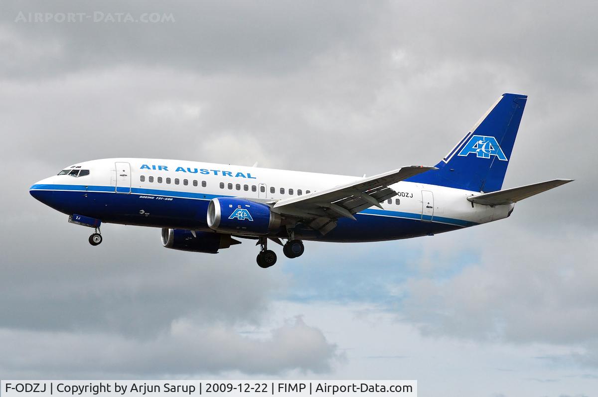 F-ODZJ, 1990 Boeing 737-53A C/N 24877, Summer morning arrival from Reunion on short final for Rwy 14 at Plaisance.  Air Austral operated only one of the B737 500-series.