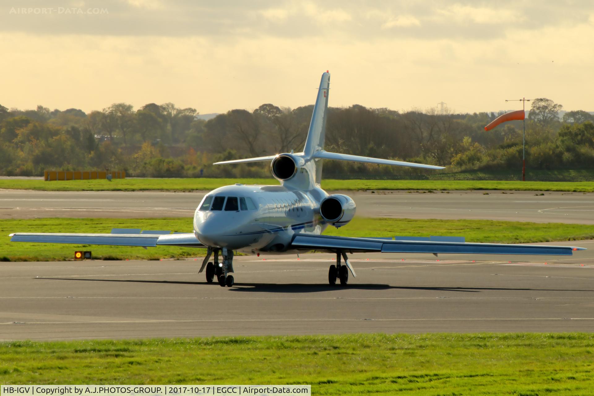 HB-IGV, 2005 Dassault Falcon 50EX C/N 346, just taxing in after landing on runway 23R EGCC uk.