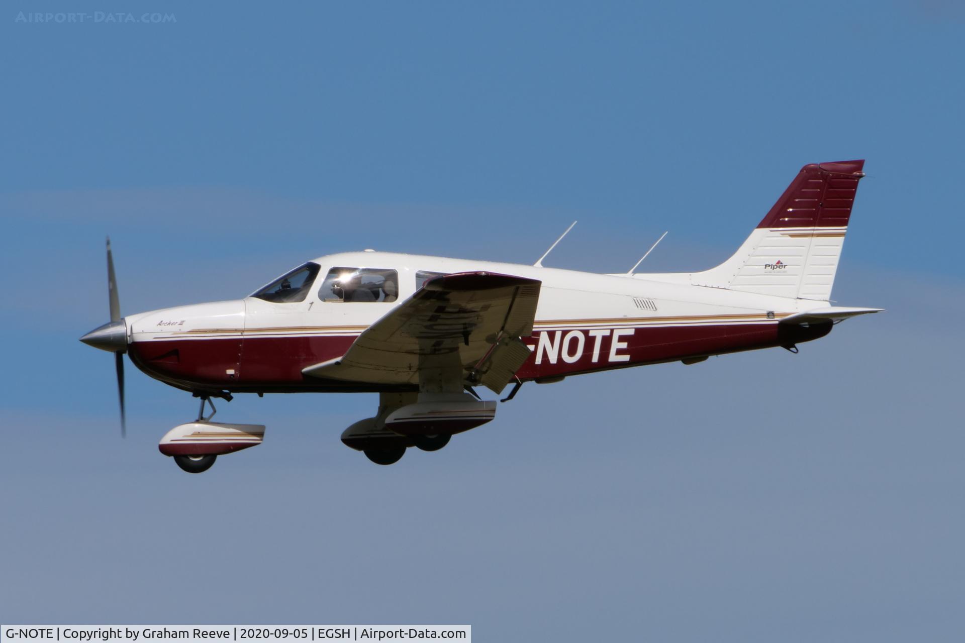 G-NOTE, 1997 Piper PA-28-181 Cherokee Archer III C/N 2843082, Landing at Norwich.