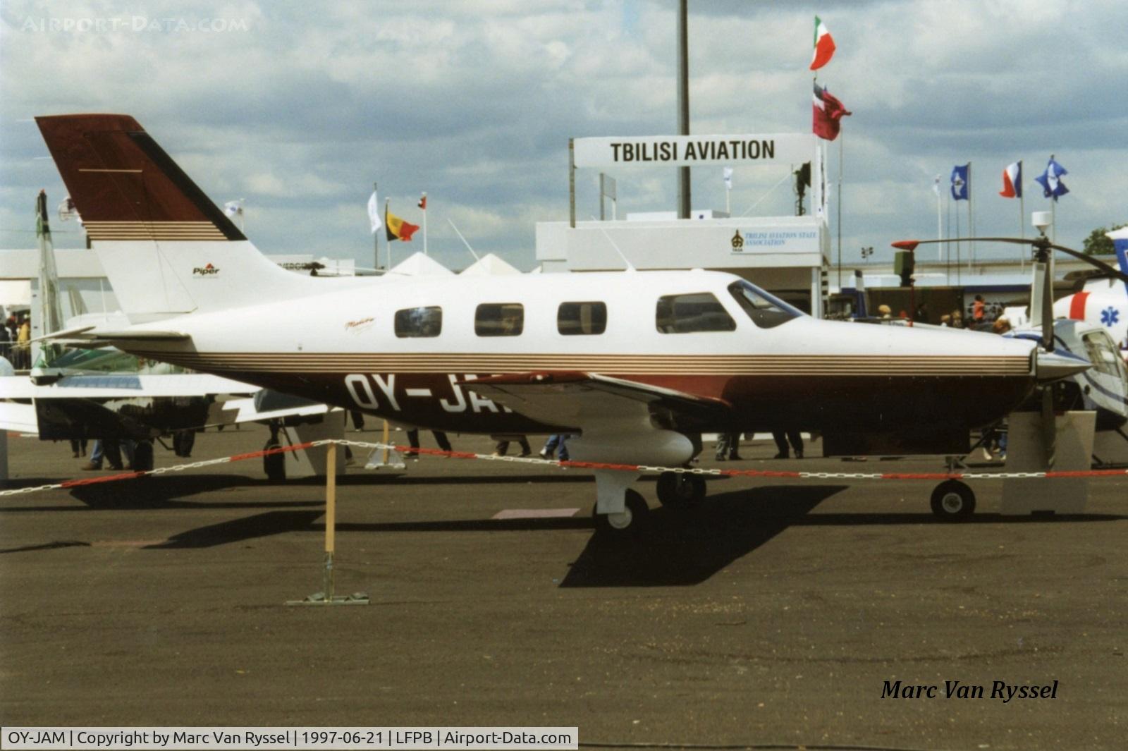 OY-JAM, 1997 Piper PA-46-350P Malibu Mirage Malibu Mirage C/N 4636100, OY-JAM at Paris Air Show 1997. Became D-EXPD in 1998.