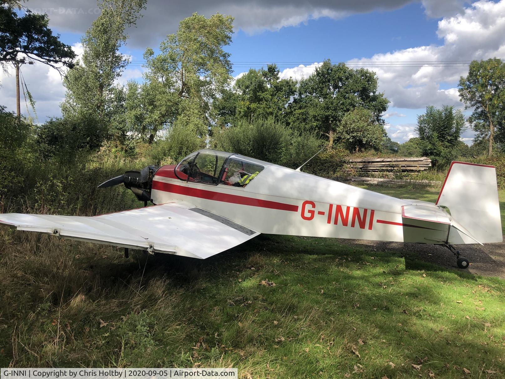 G-INNI, 1956 Wassmer (Jodel) D-112 Club C/N 540, Looking a bit sorry for herself and parked outside the hangar at Old Hay airfield in Kent. Engine cover is off.