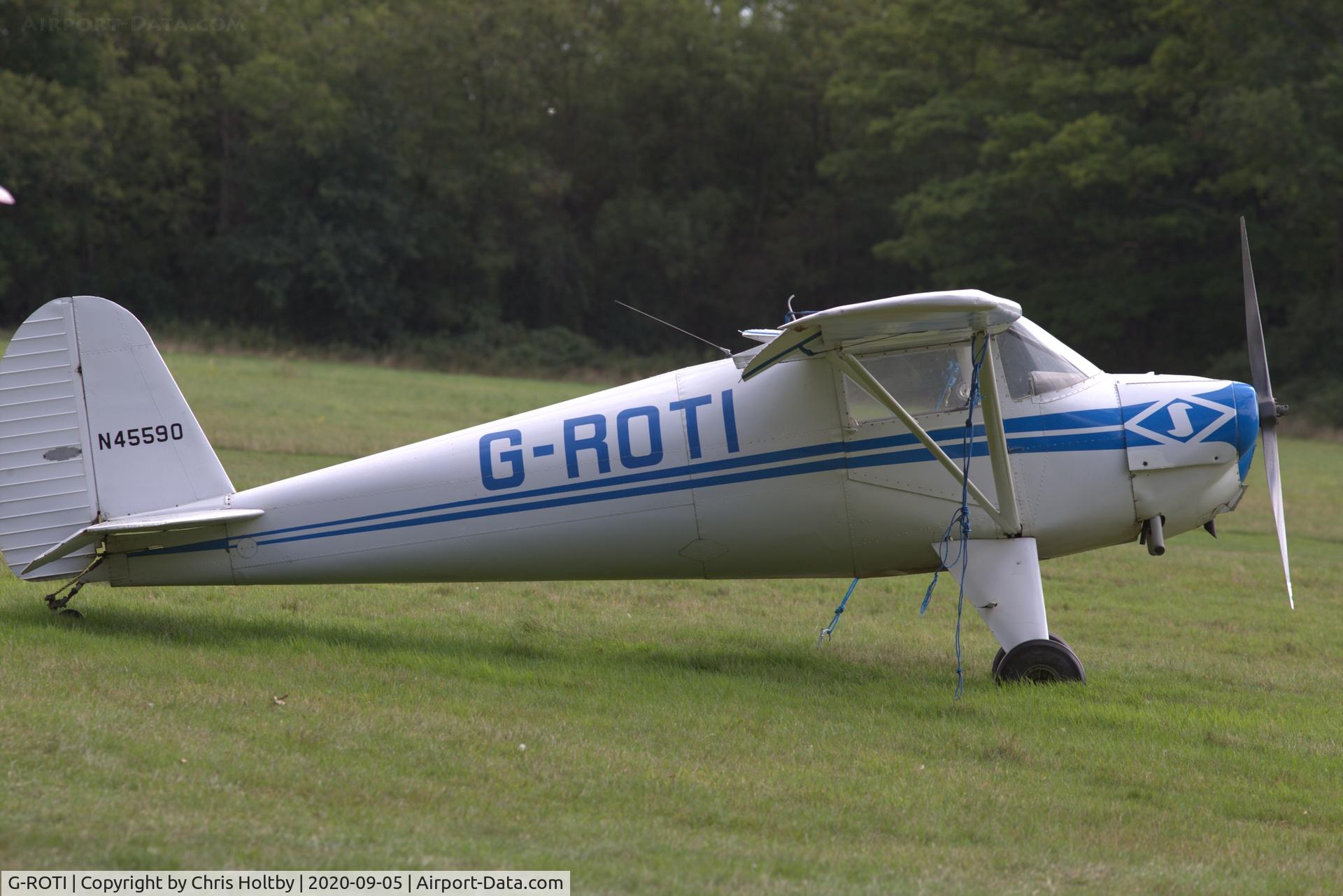 G-ROTI, 1946 Luscombe 8A C/N 2117, Based at Old Hay Airfield in Kent. Appears airworthy, if not flown for some time.