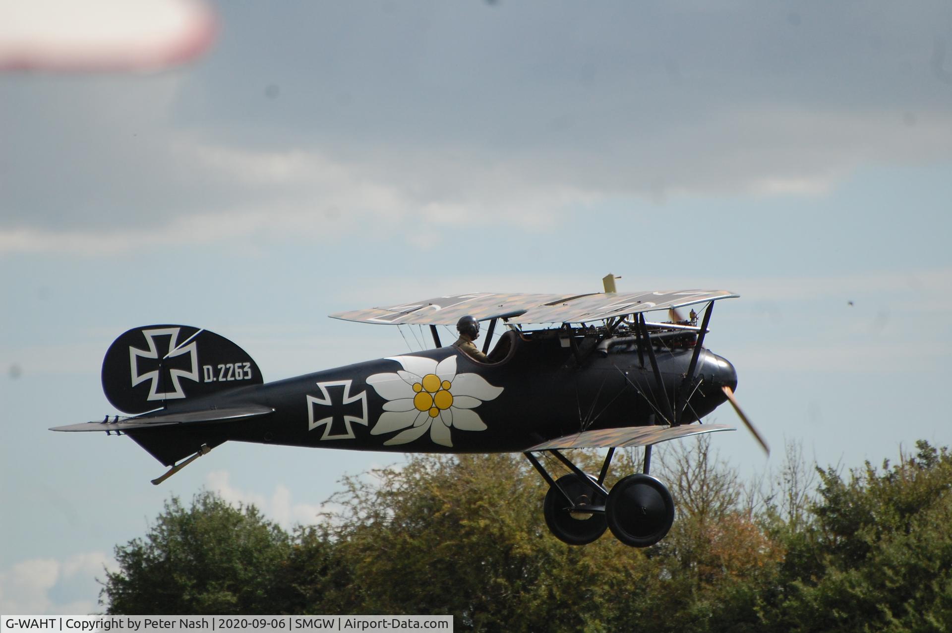 G-WAHT, 2016 Vintage Aviator DVA-1 Albatross Replica C/N 0147, Taking off at Stow maries Great War aerodrome on Sunday 6th September 2020 to give an aerial display as part of their Wings and Wheels Event