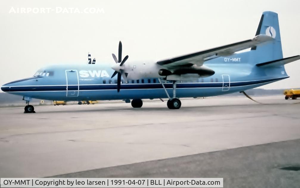 OY-MMT, 1989 Fokker 50 C/N 20149, Billund 7.4.1991 with SWA Titels.