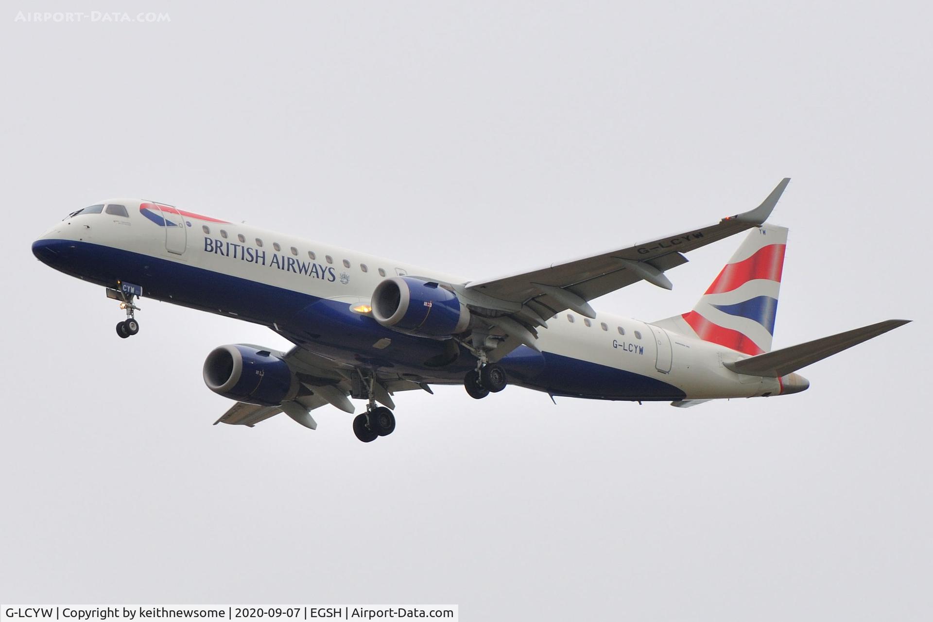 G-LCYW, 2008 Embraer 190SR (ERJ-190-100SR) C/N 19000163, Arriving at Norwich from Southend.
