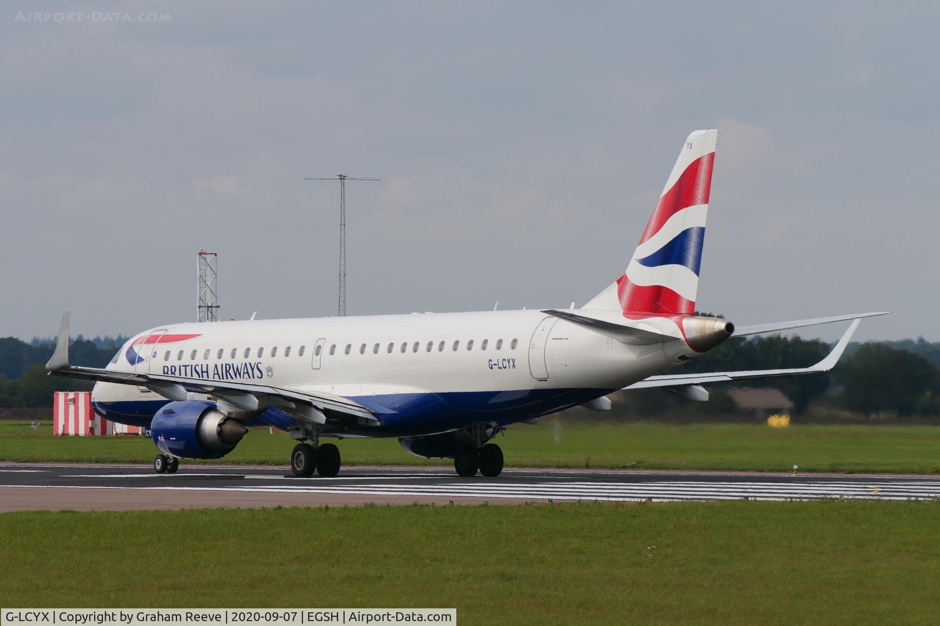 G-LCYX, 2008 Embraer 190LR (ERJ-190-100LR) C/N 19000178, Departing from Norwich.