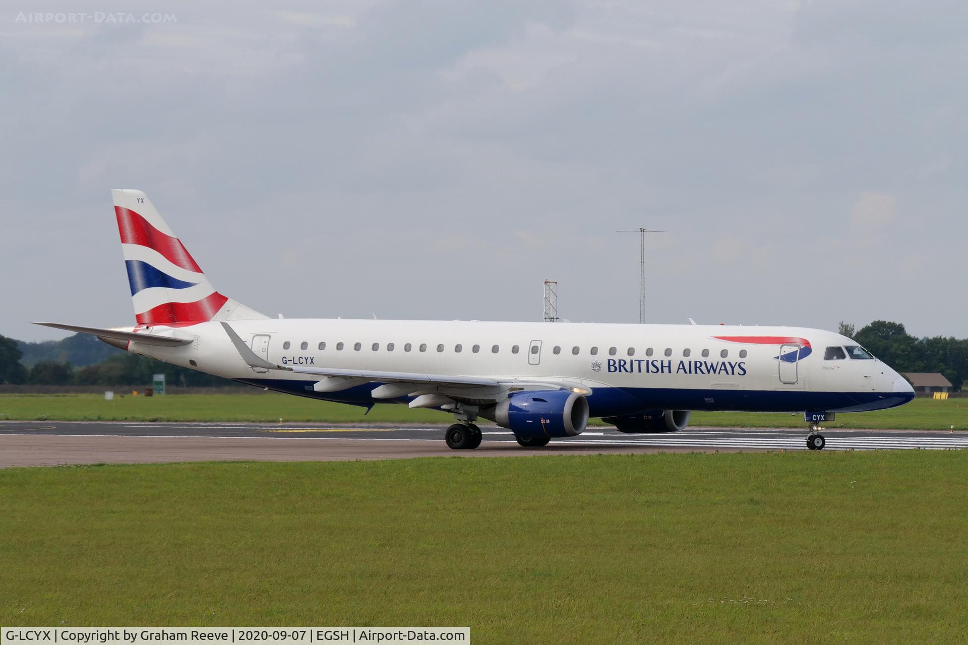 G-LCYX, 2008 Embraer 190LR (ERJ-190-100LR) C/N 19000178, Departing from Norwich