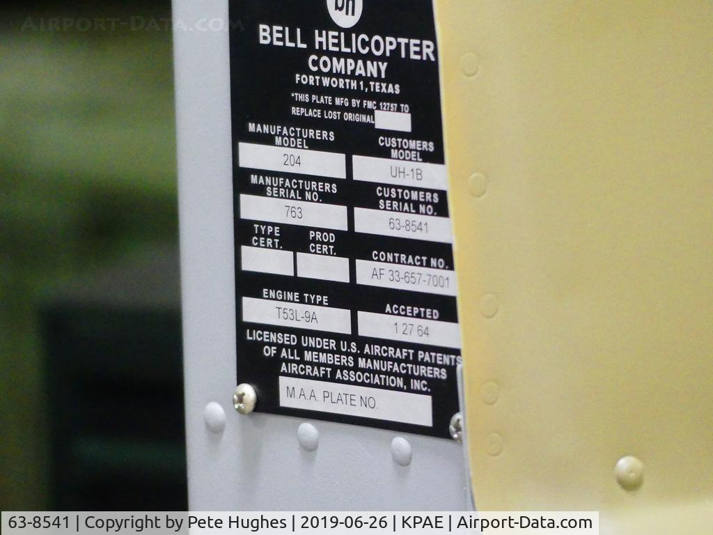 63-8541, 1964 Bell UH-1B Iroquois C/N 763, 63-8541 Bell 204 UH-1B on display at Flying Heritage Collection Paine Field WA