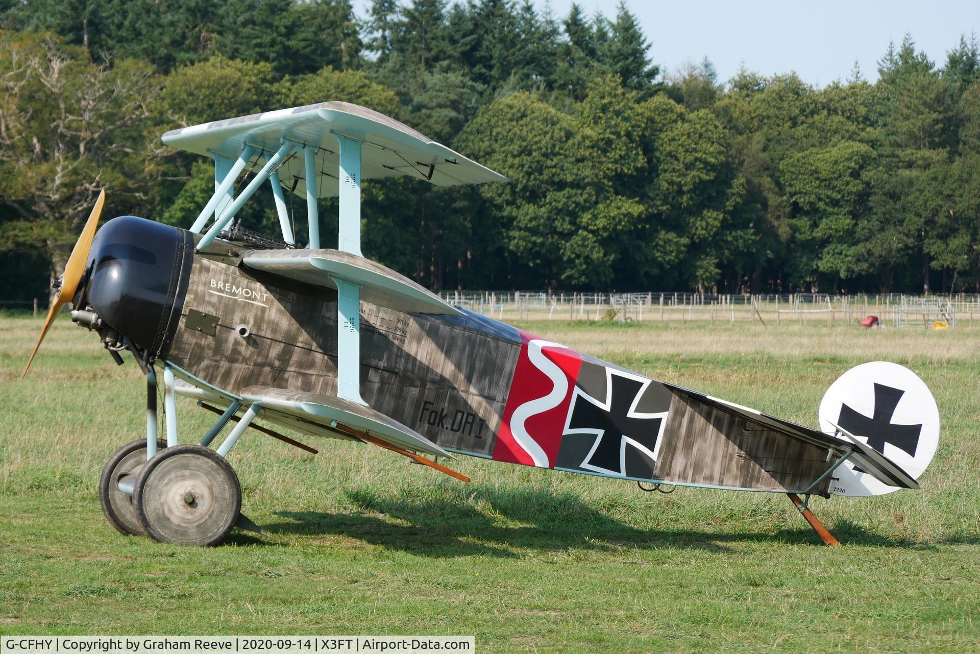 G-CFHY, 2010 Fokker Dr.1 Triplane Replica C/N PFA 238-14408, Parked at Felthorpe.