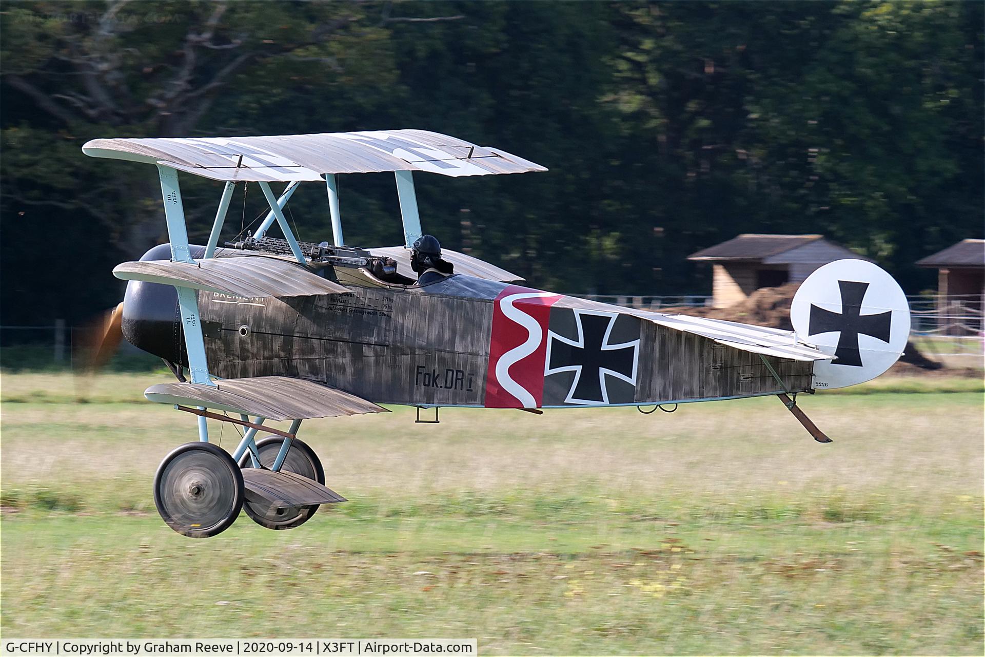 G-CFHY, 2010 Fokker Dr.1 Triplane Replica C/N PFA 238-14408, Departing from Felthorpe.