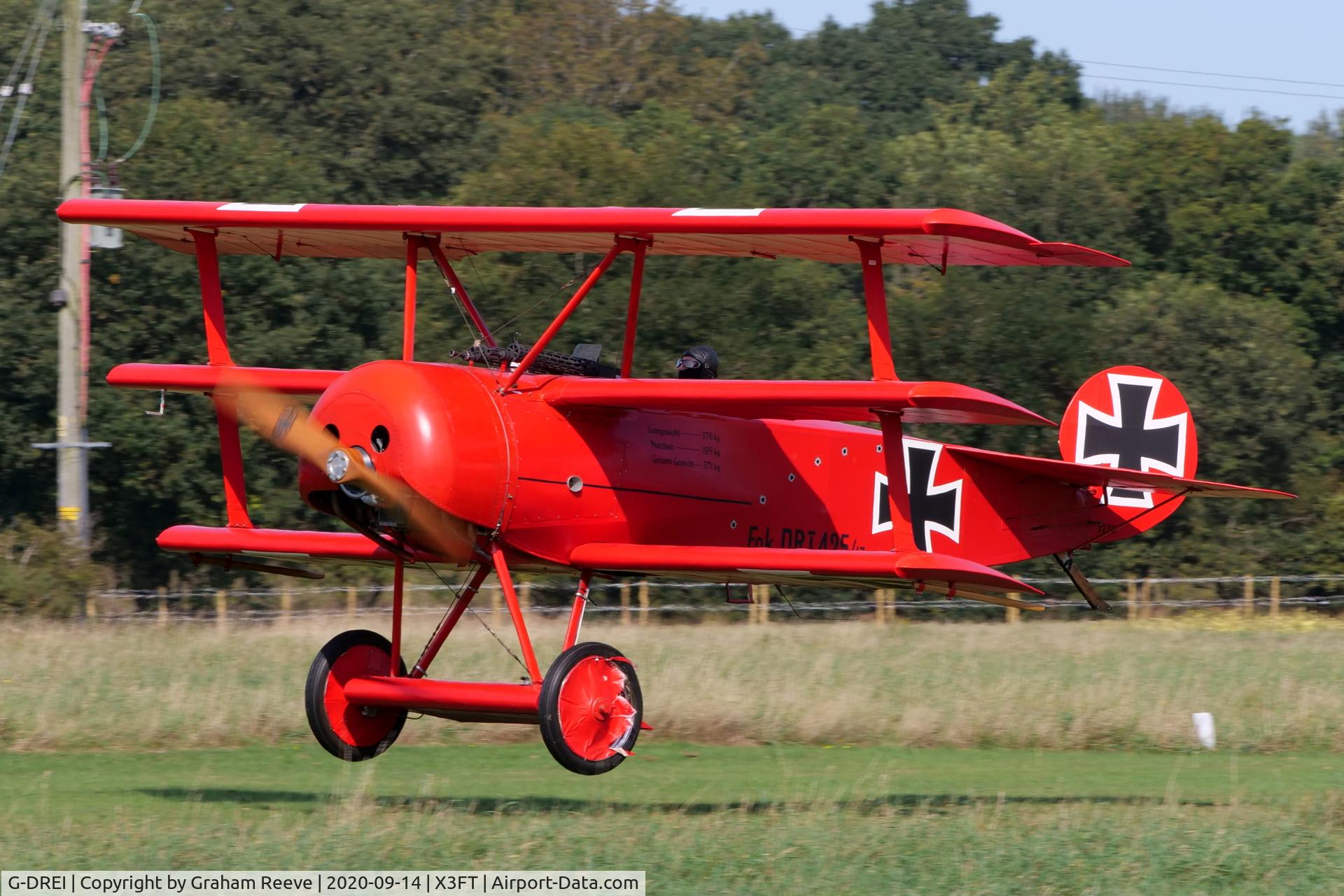 G-DREI, 2011 Fokker Dr.1 Triplane Replica C/N LAA 238-14848, Landing at Felthorpe.
