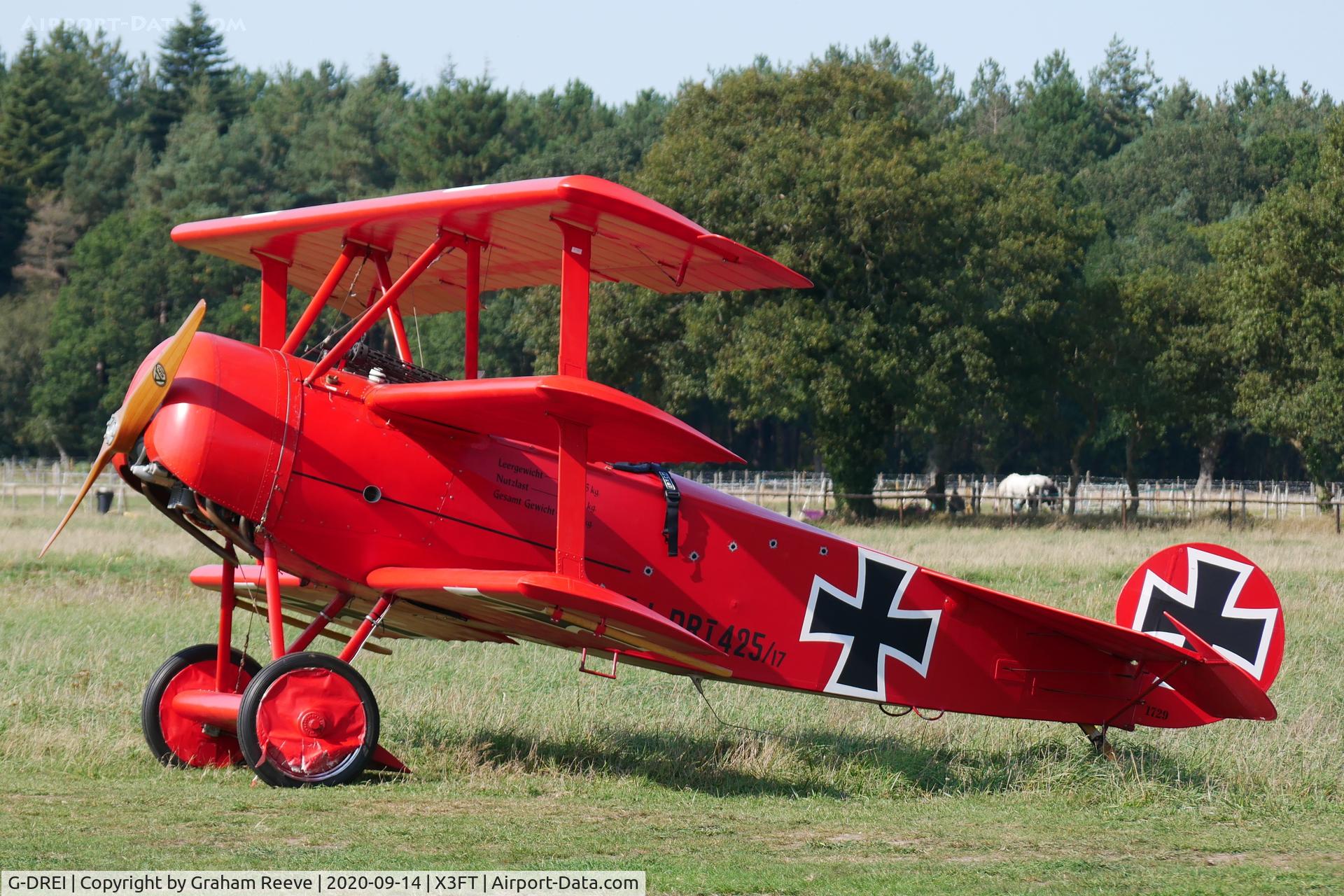 G-DREI, 2011 Fokker Dr.1 Triplane Replica C/N LAA 238-14848, Parked at Felthorpe.