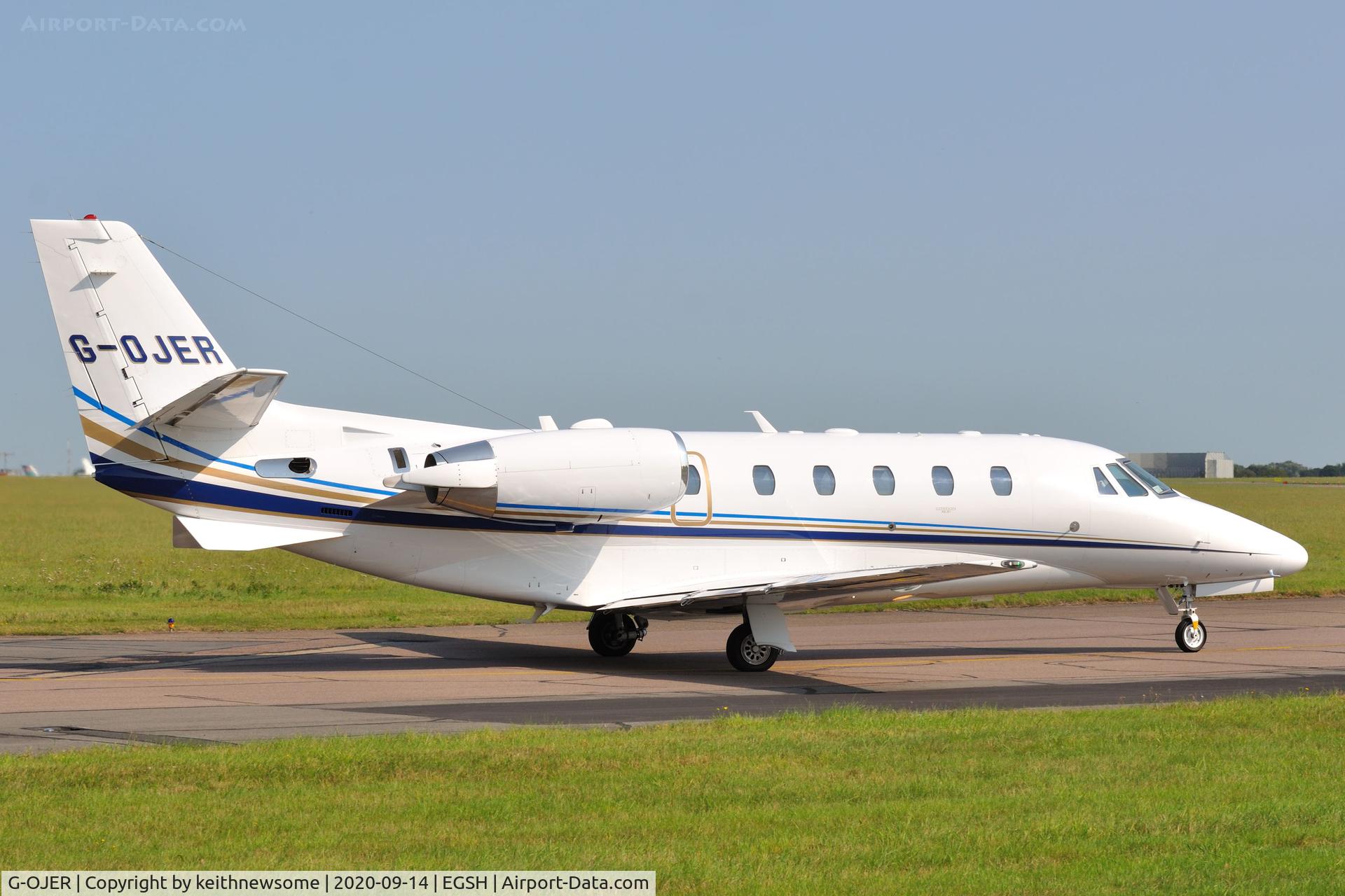 G-OJER, 2013 Cessna 560XL Citation XLS+ C/N 560-6148, Leaving Norwich for Bournemouth.