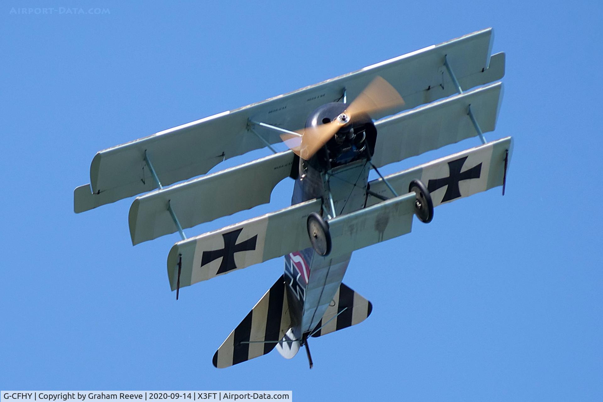G-CFHY, 2010 Fokker Dr.1 Triplane Replica C/N PFA 238-14408, Over head at Felthorpe.