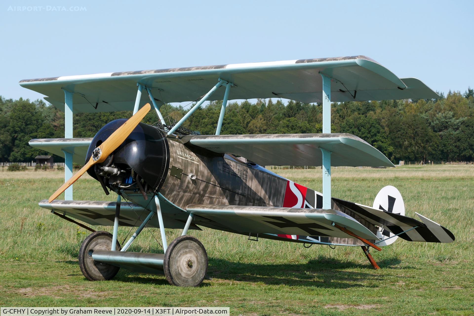G-CFHY, 2010 Fokker Dr.1 Triplane Replica C/N PFA 238-14408, Parked at Felthorpe.