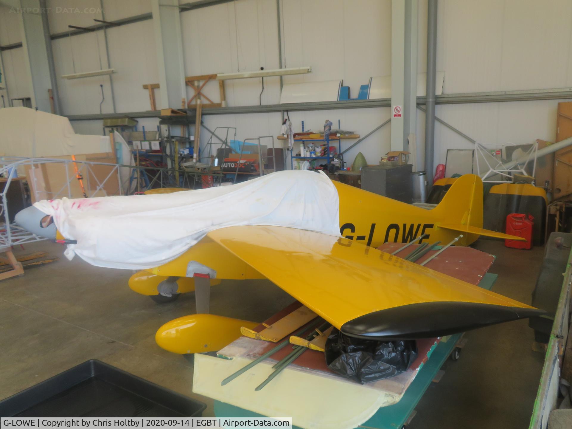 G-LOWE, 1990 Monnett Sonerai I C/N PFA 015-10344, Covered in the hangar at Turweston, Bucks.