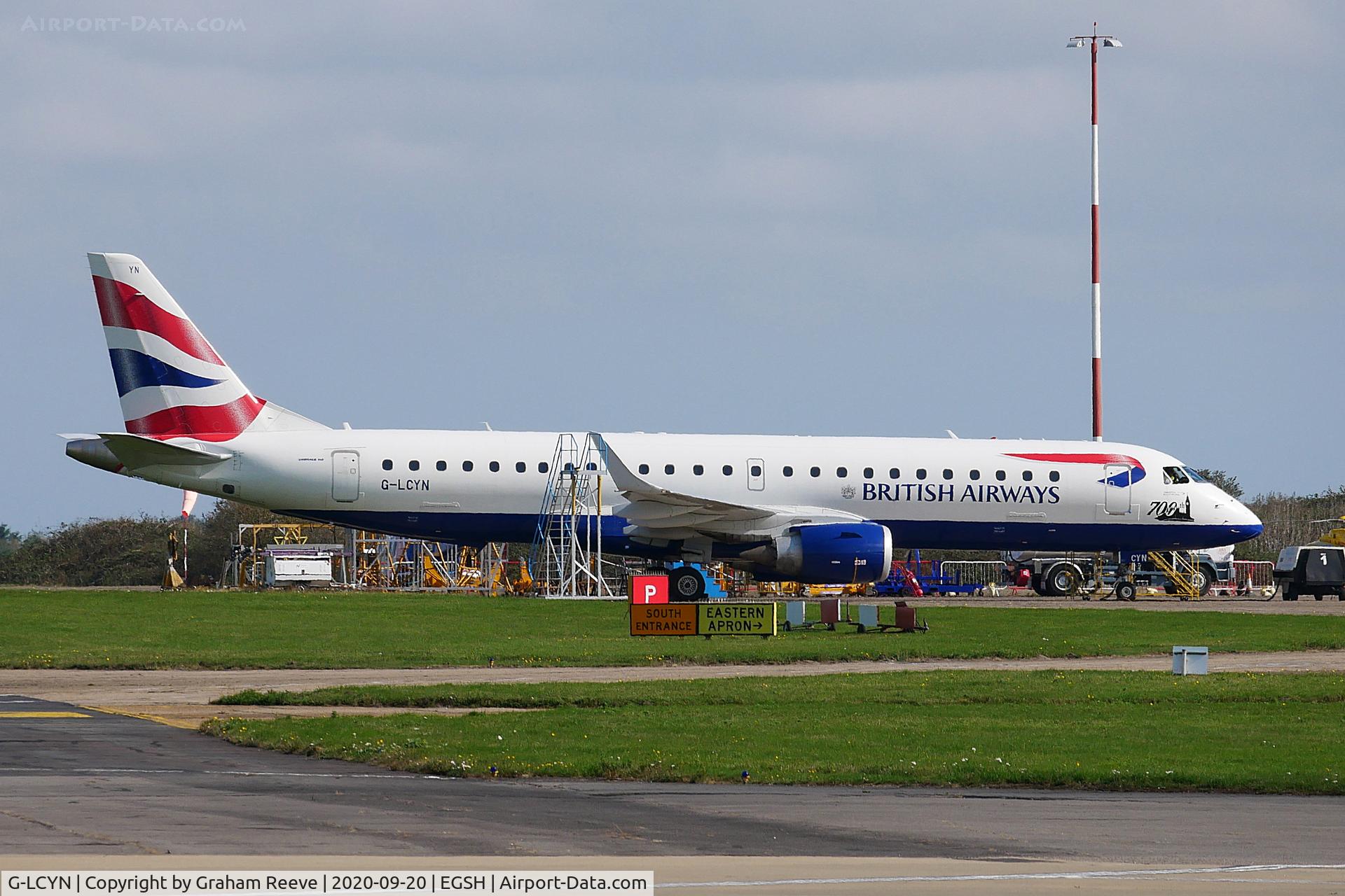 G-LCYN, 2010 Embraer 190SR (ERJ-190-100SR) C/N 19000392, Parked at Norwich.