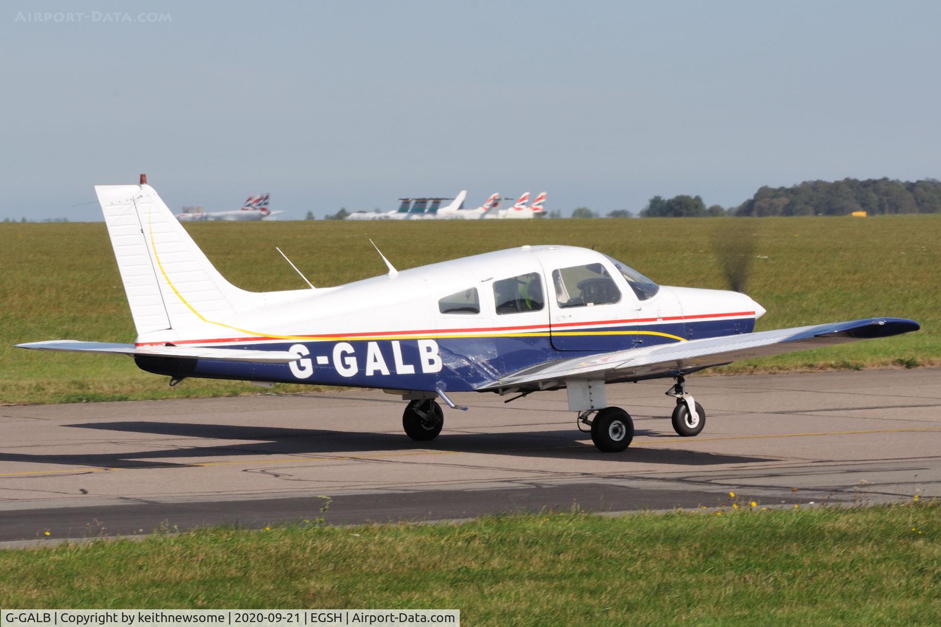 G-GALB, 1986 Piper PA-28-161 Cherokee Warrior II C/N 28-8616021, Leaving Norwich.