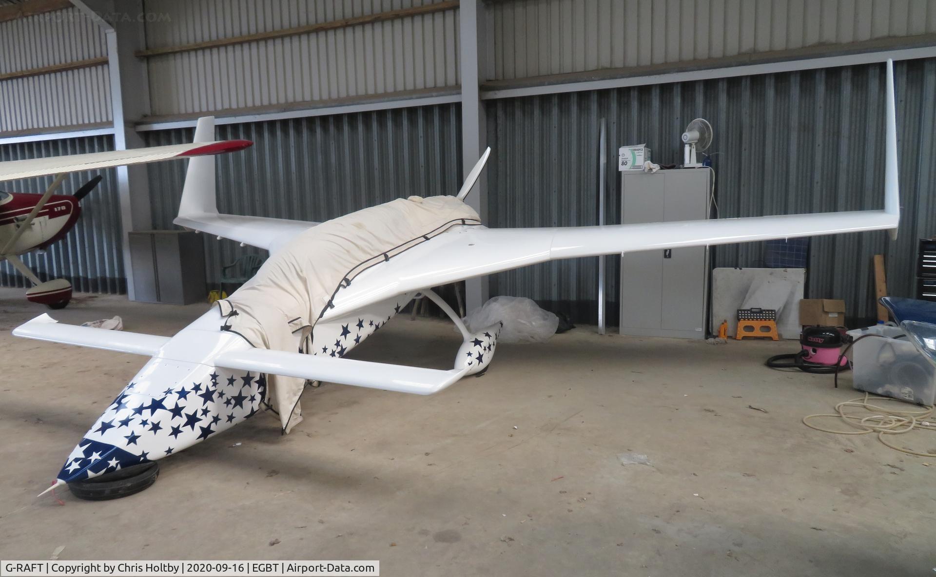 G-RAFT, 1983 Rutan Long-EZ C/N PFA 074A-10734, Showing its snazzy new livery in the hangar at Turweston.