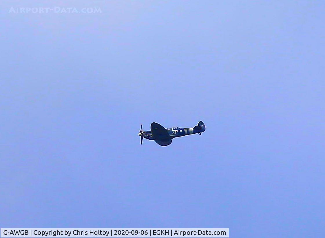 G-AWGB, 1945 Supermarine 361 Spitfire Tr9 C/N CBAF.4494, Built in 1945 Spitfire restored at Biggin Hill Heritage first flew in August 2020. Livery matches RAAF 'Grey Nurse' Squadron 345. It flew past Headcorn (if a bit distantly).
