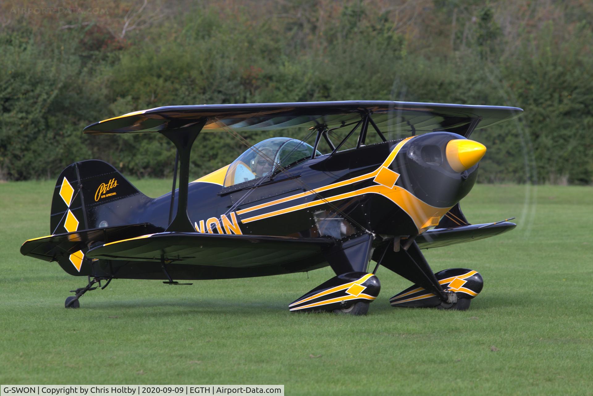 G-SWON, 1999 Pitts S-1S Special C/N 093, Privately owned Pitts Special based at Old Warden about to take-off with G-STUI for a aerobatic double practice session over the airfield.