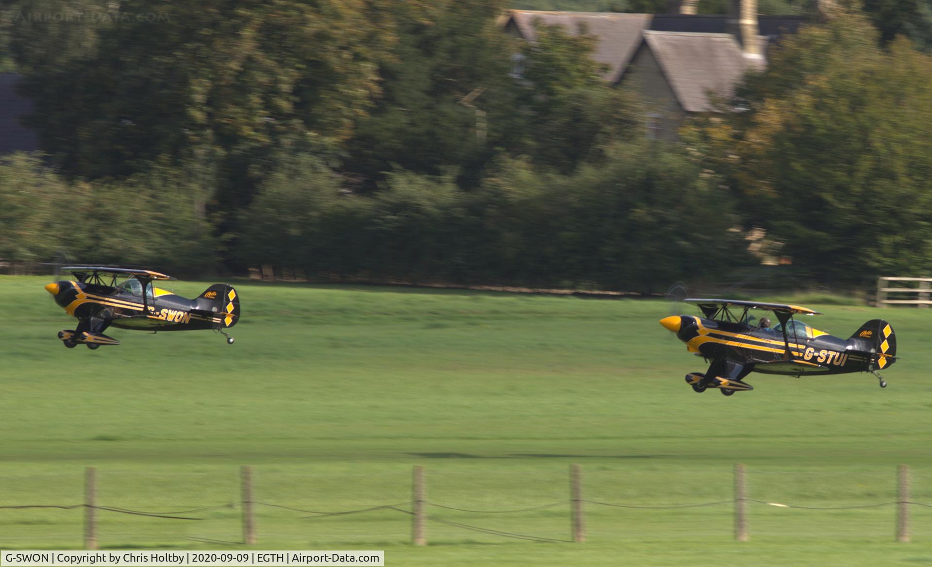 G-SWON, 1999 Pitts S-1S Special C/N 093, With G-STUI a pair of very smart Pitts Specials taking off together at Old Warden, Beds