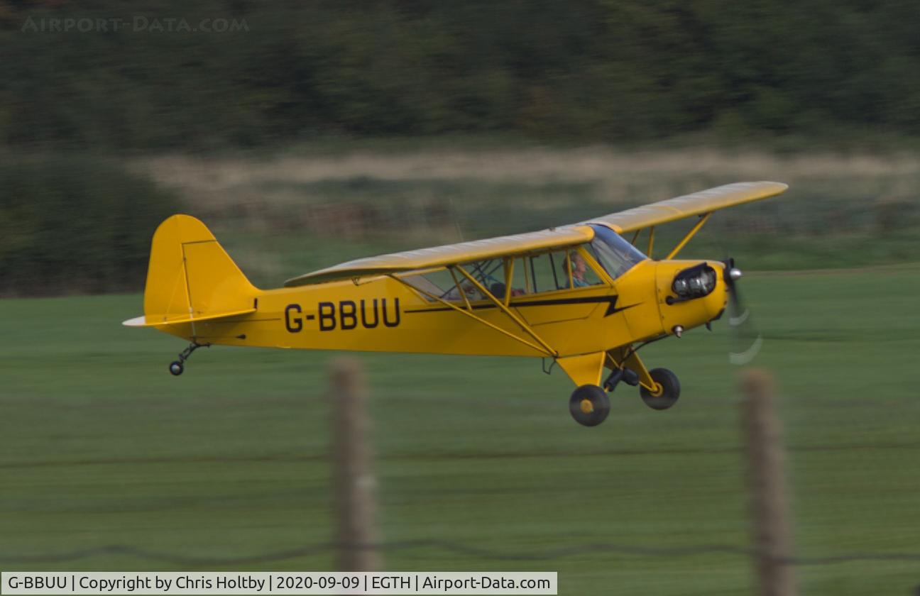 G-BBUU, 1943 Piper J3C-65 Cub Cub C/N 10354, Landing in crosswind at Old Warden, Beds.