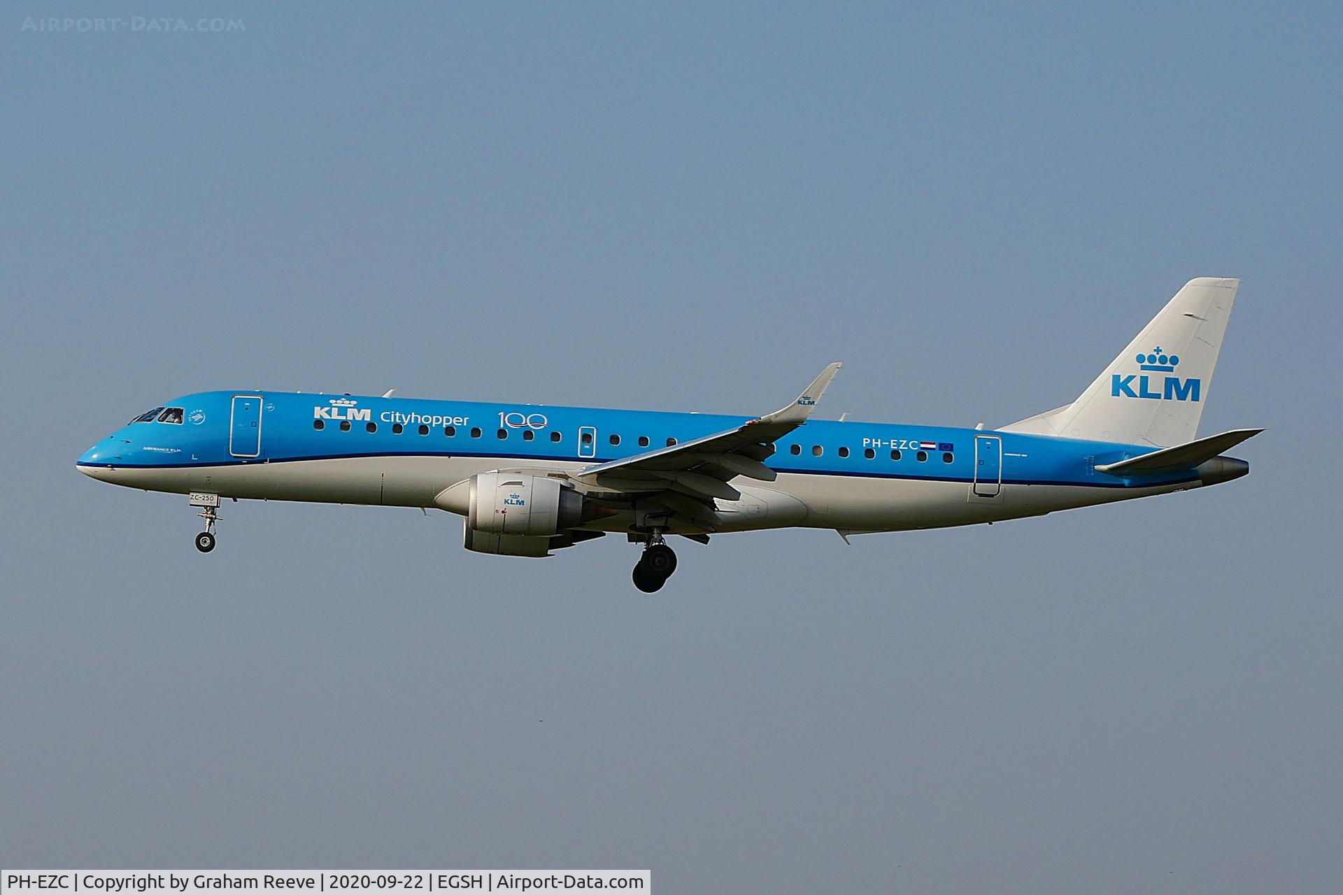PH-EZC, 2008 Embraer 190LR (ERJ-190-100LR) C/N 19000250, Landing at Norwich.