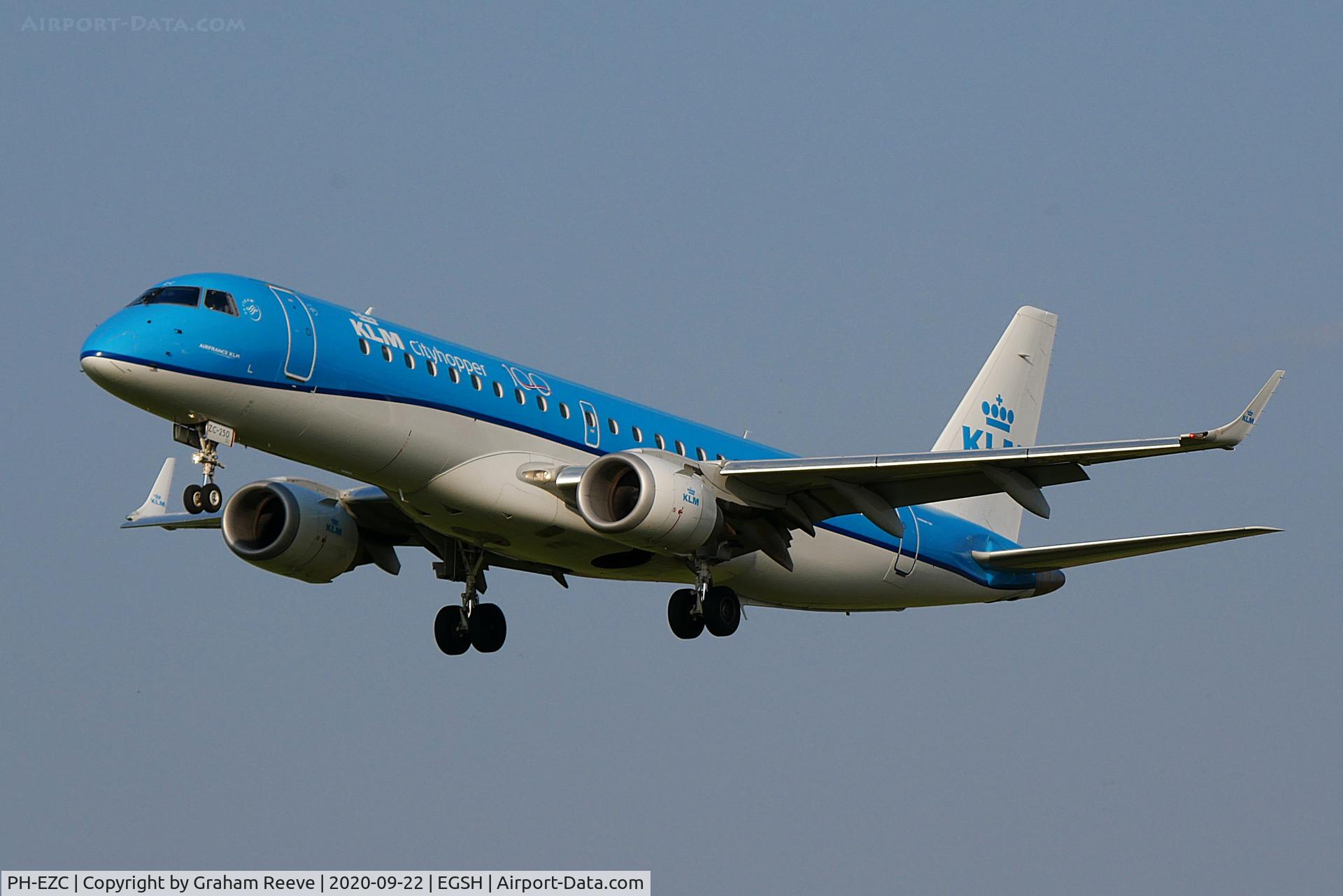 PH-EZC, 2008 Embraer 190LR (ERJ-190-100LR) C/N 19000250, Landing at Norwich.