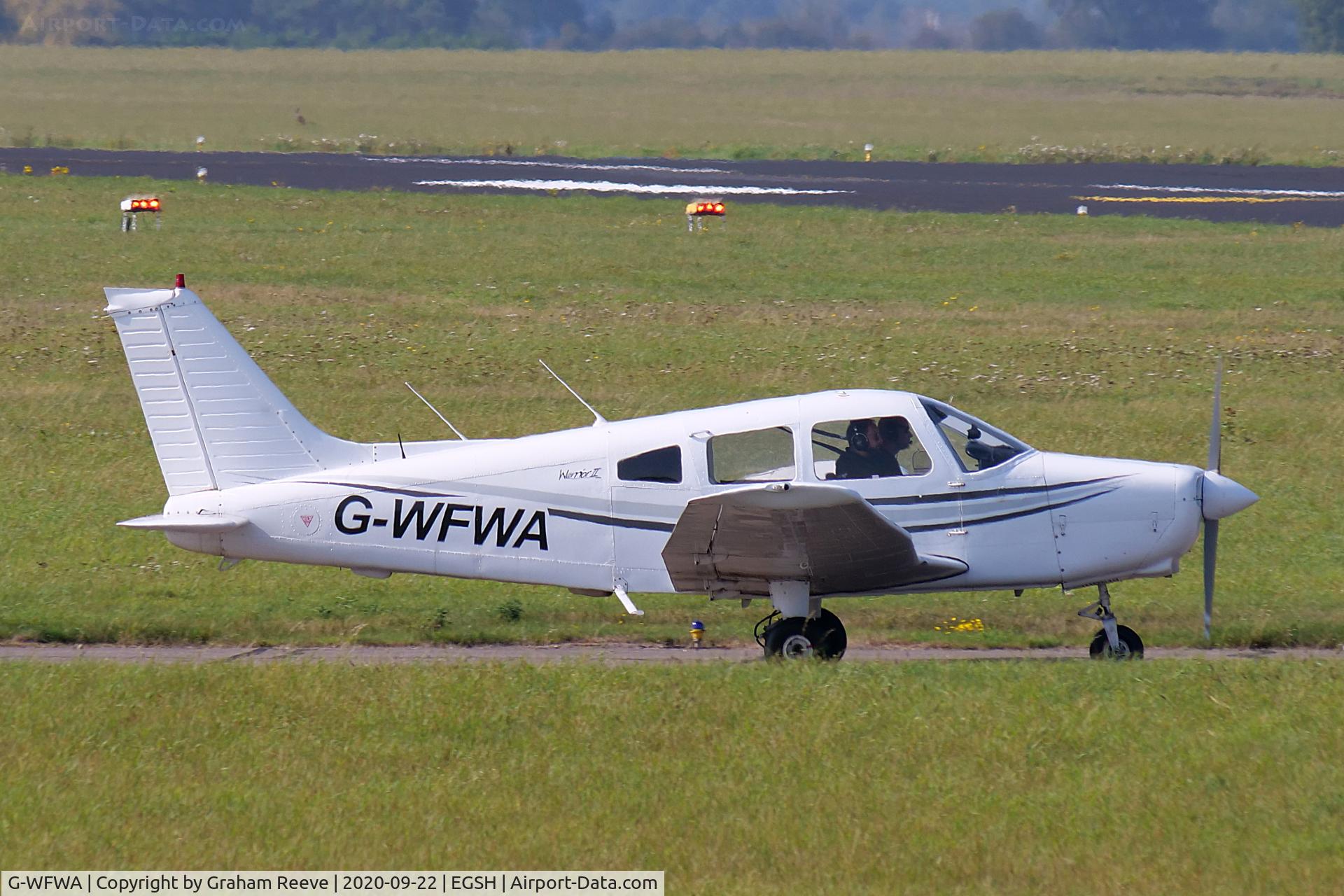 G-WFWA, 1984 Piper PA-28-161 Cherokee Warrior II C/N 28-8416119, Departing from Norwich.
