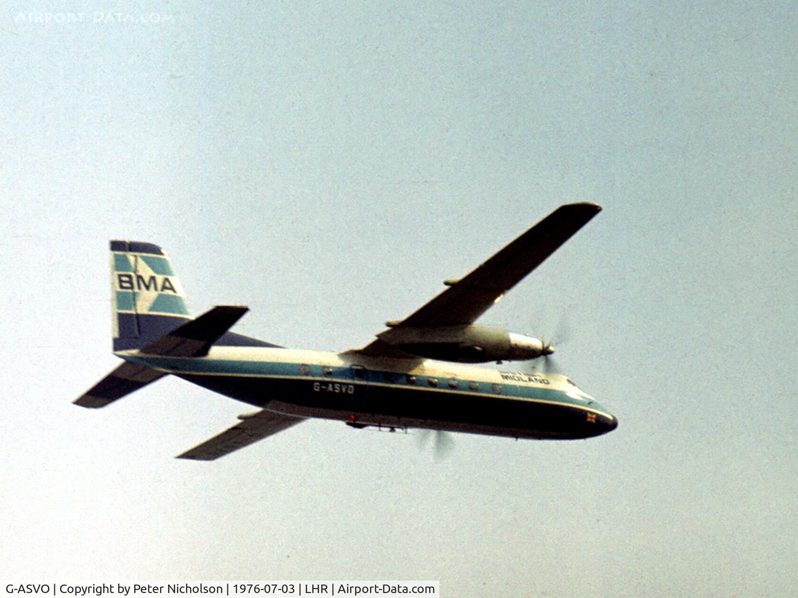 G-ASVO, 1964 Handley Page HPR-7 Herald 214 C/N 185, Herald 214 of British Midland Airways at London Heathrow in the Summer of 1976.