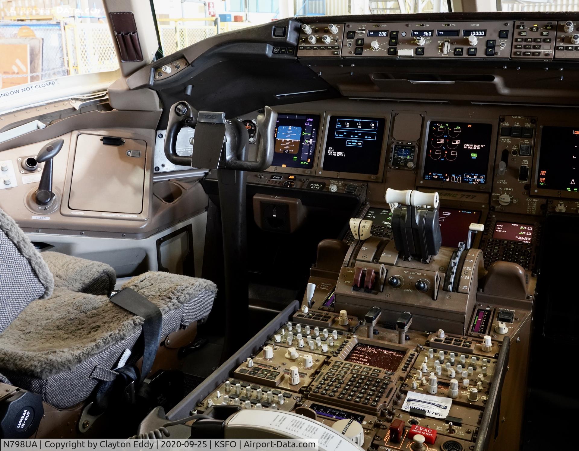 N798UA, 1998 Boeing 777-222ER C/N 26928, Flightdeck SFO 2020.